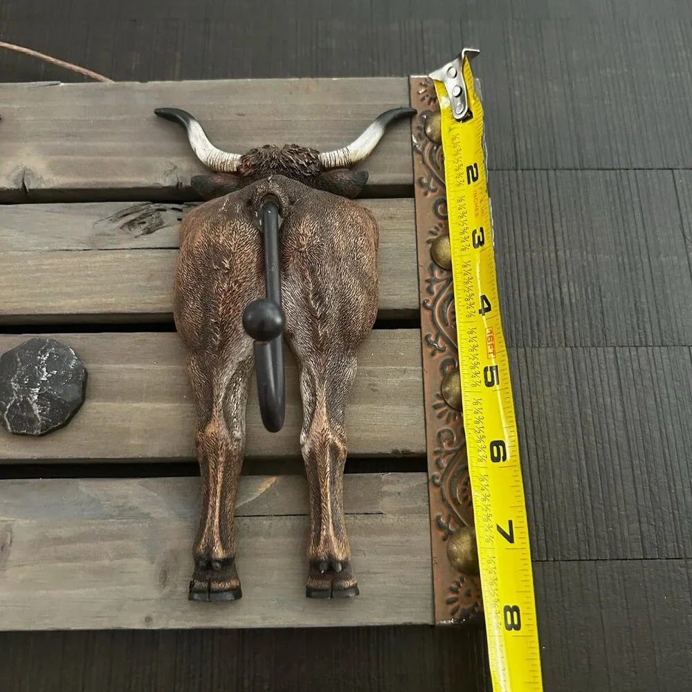 Rustic Western Cow Butt Coat Wall Hooks Rack With Wooden Plaque